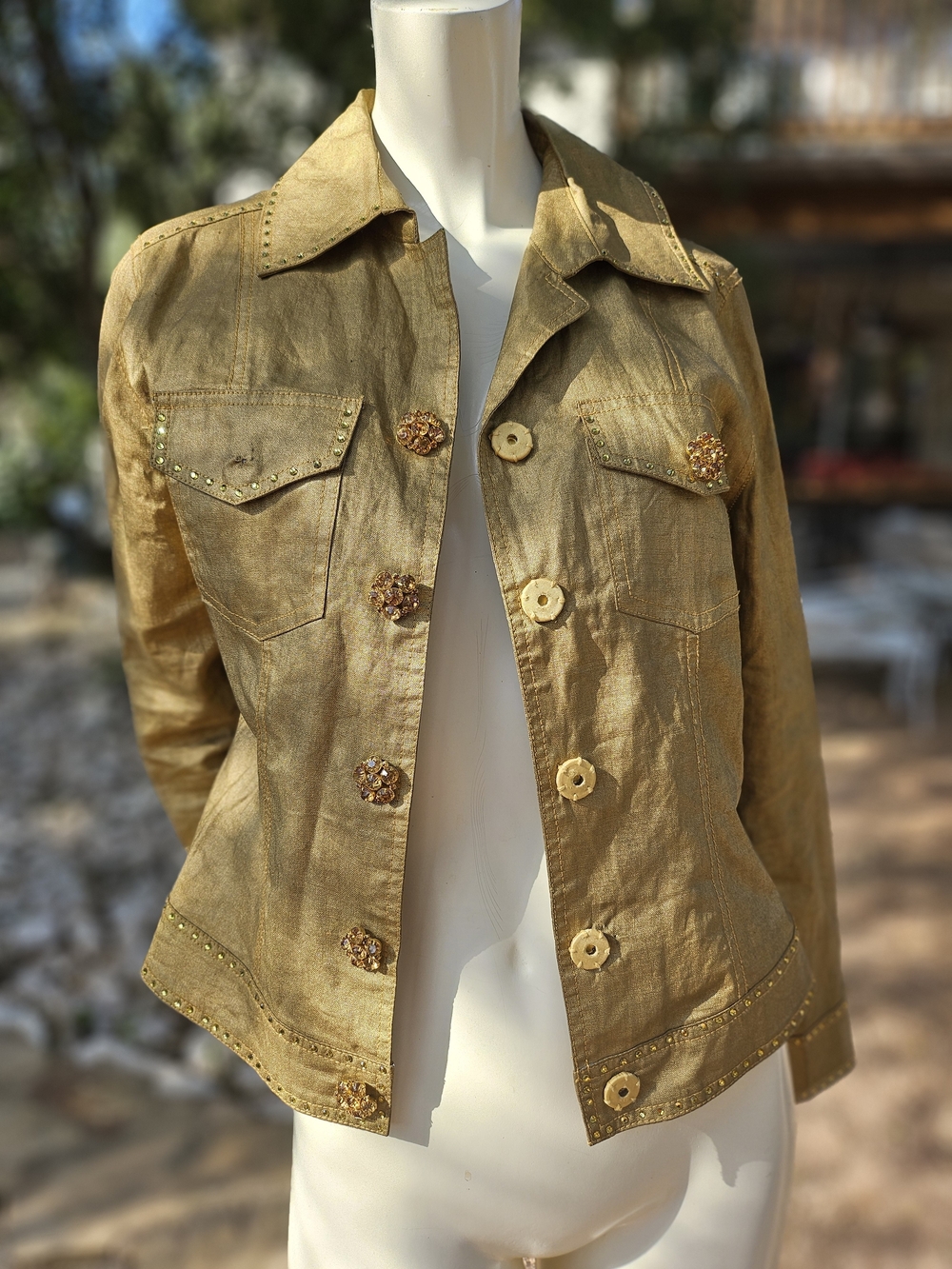 Berek By Takako Sakon 100% Gold Linen Jean Jacket Rhinestone Buttons M